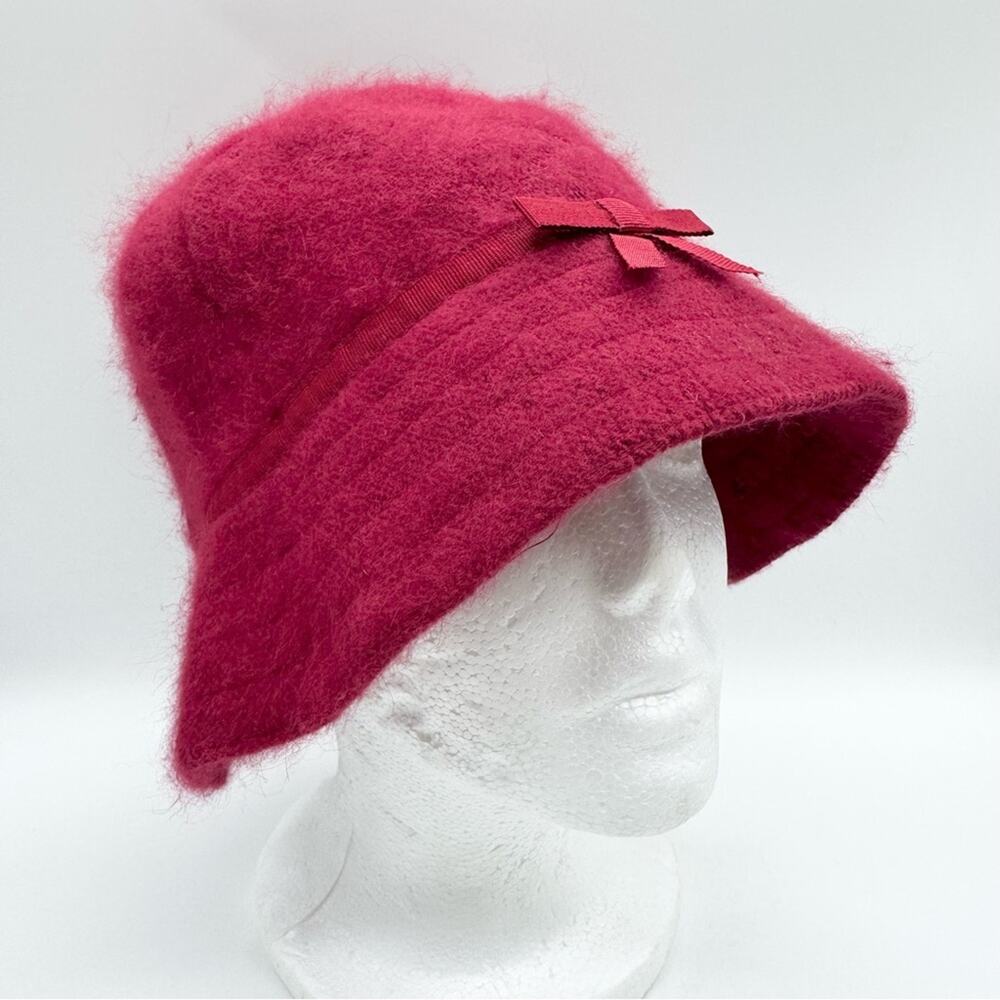 Vintage Y2K‎ GAP Rabbit Hair Wool Bucket Hat Fuzzy Red Bow S/M Preppy Academia